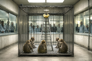 Symbolic cage with ladder and untouched bananas representing learned obedience and social conditioning.