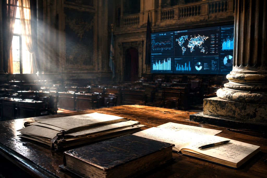 Old parliamentary chamber contrasted with discreet data screens, symbolizing political obsolescence and technological change.