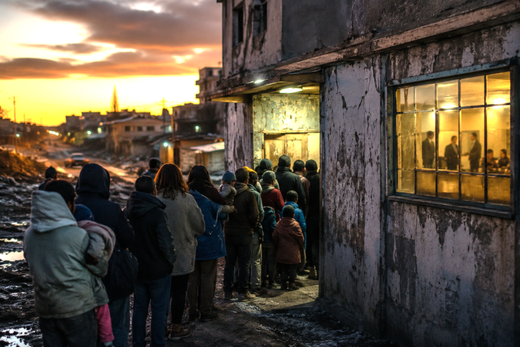 People waiting outside a government assistance office in a poor urban neighborhood, symbolizing poverty, clientelism and political dependence.