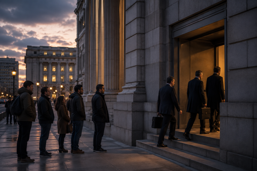 Corporate executives entering a government building while small entrepreneurs wait outside.