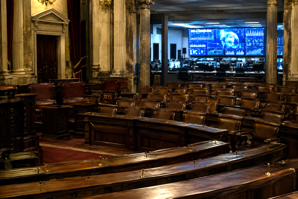 Old parliament chamber contrasted with a modern digital control room, symbolizing political obsolescence and artificial intelligence.