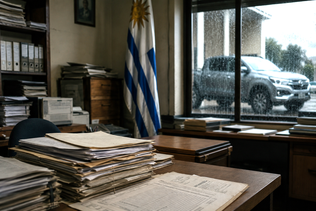 Dimly lit government office with public files and a modern pickup truck seen through a rainy window.