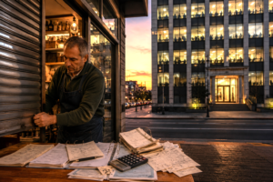 Small business owner closing a shop while a large government office remains fully operational in the background, symbolizing the economic burden of an inefficient public sector.