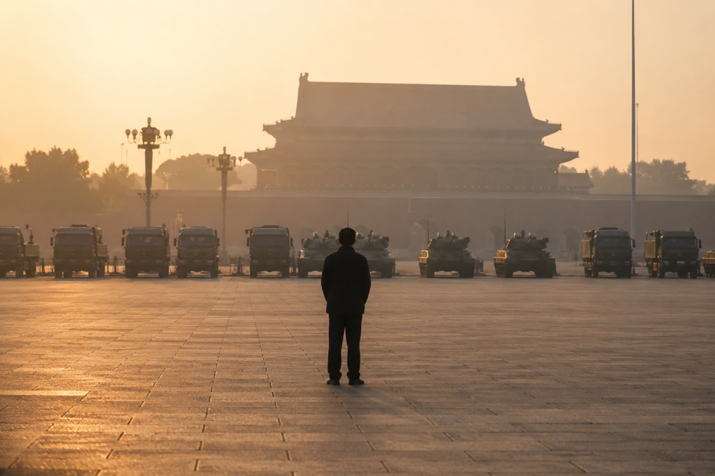 A solitary figure in a vast public square facing distant military vehicles, symbolizing memory against state power.