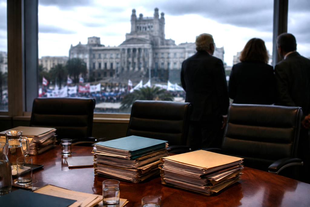 Government building with budget documents and labor protest atmosphere in Uruguay.