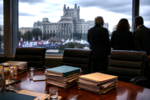 Government building with budget documents and labor protest atmosphere in Uruguay.