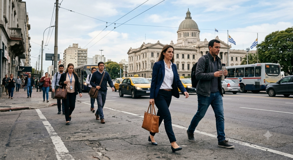 Real photo of citizens walking on a Montevideo street with the Legislative Palace blurred in the background.