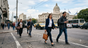Real photo of citizens walking on a Montevideo street with the Legislative Palace blurred in the background.