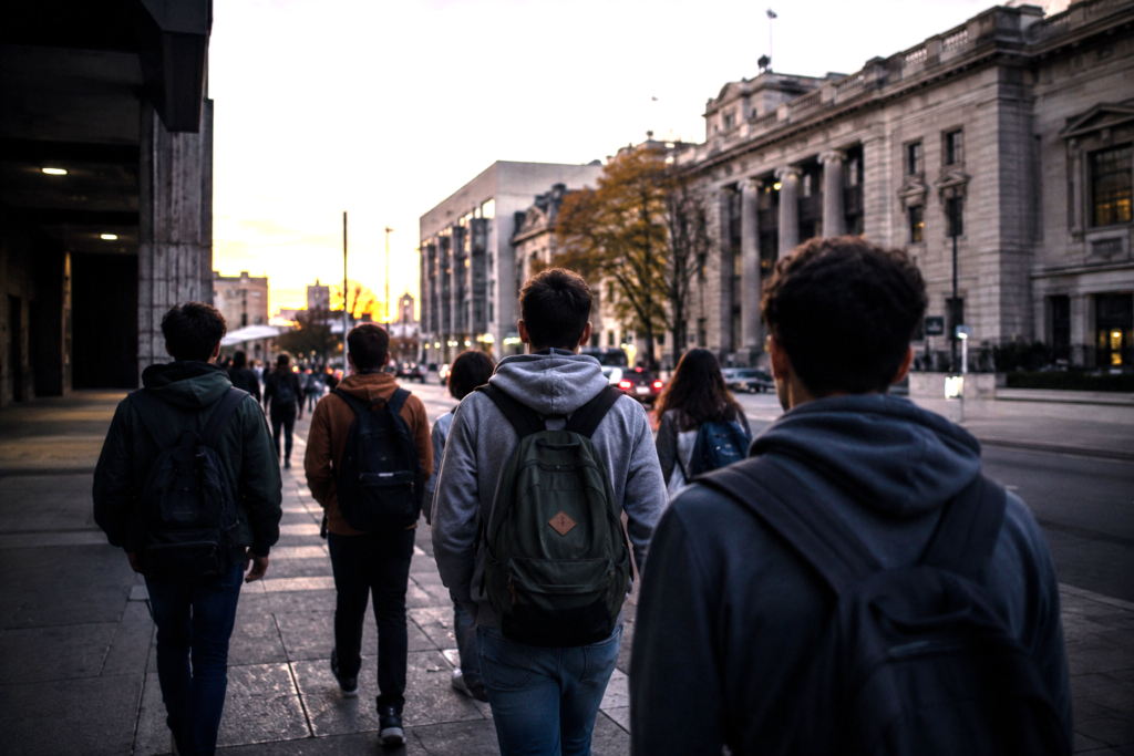 Young Latin American adults walking through an urban civic district at dusk, symbolizing political disillusionment and search for freedom.