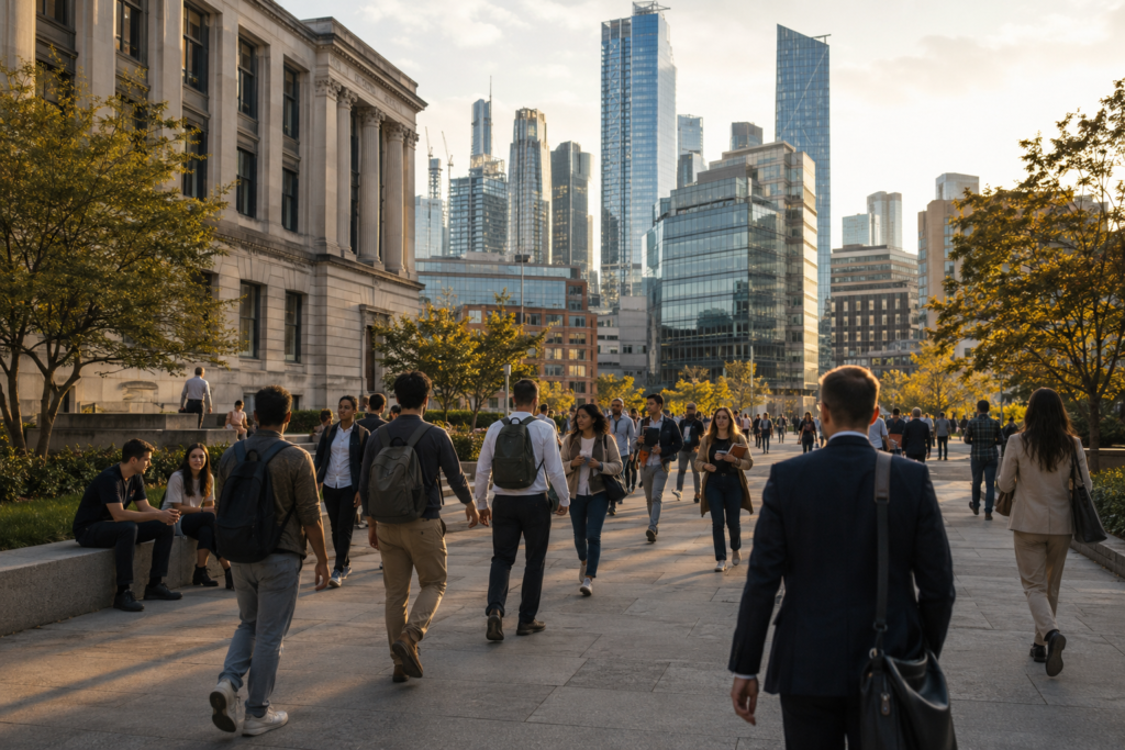 Students and professionals walking between a university campus and a modern financial district.