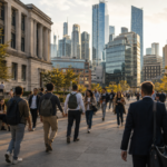 Students and professionals walking between a university campus and a modern financial district.