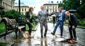 People in business attire laughing while standing in rain puddles, symbolizing political short-term thinking and institutional blindness.