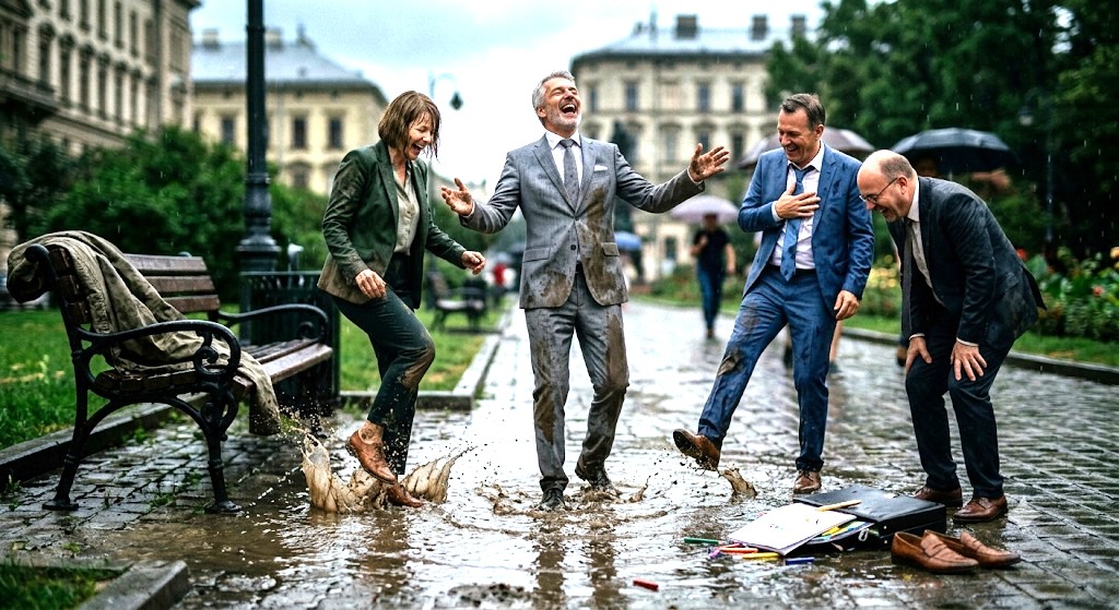 People in business attire laughing while standing in rain puddles, symbolizing political short-term thinking and institutional blindness.