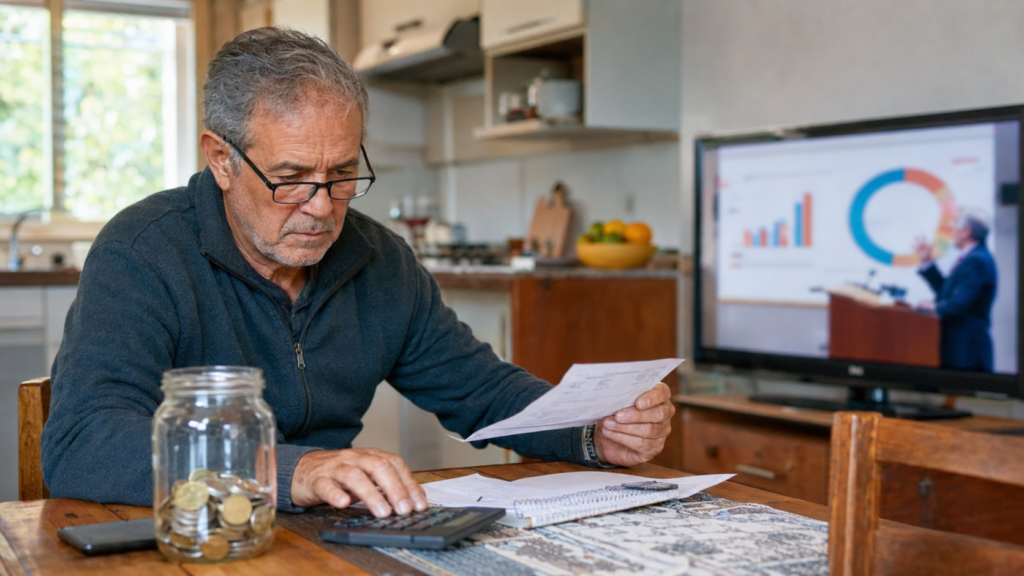 Older Uruguayan citizen reviewing household expenses beside a jar of personal savings.