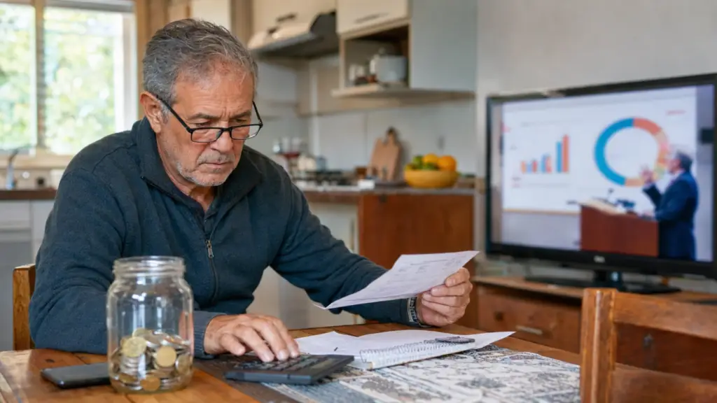 Older Uruguayan citizen reviewing household expenses beside a jar of personal savings.