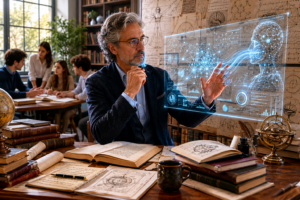 Professor thoughtfully using AI as a cognitive assistant while maintaining independent judgment in a real academic environment.
