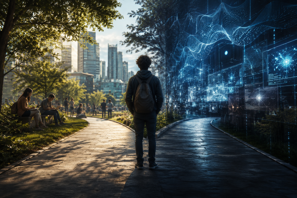 Person contemplating two symbolic paths representing conscious human evolution in the age of artificial intelligence.