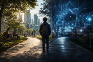 Person contemplating two symbolic paths representing conscious human evolution in the age of artificial intelligence.