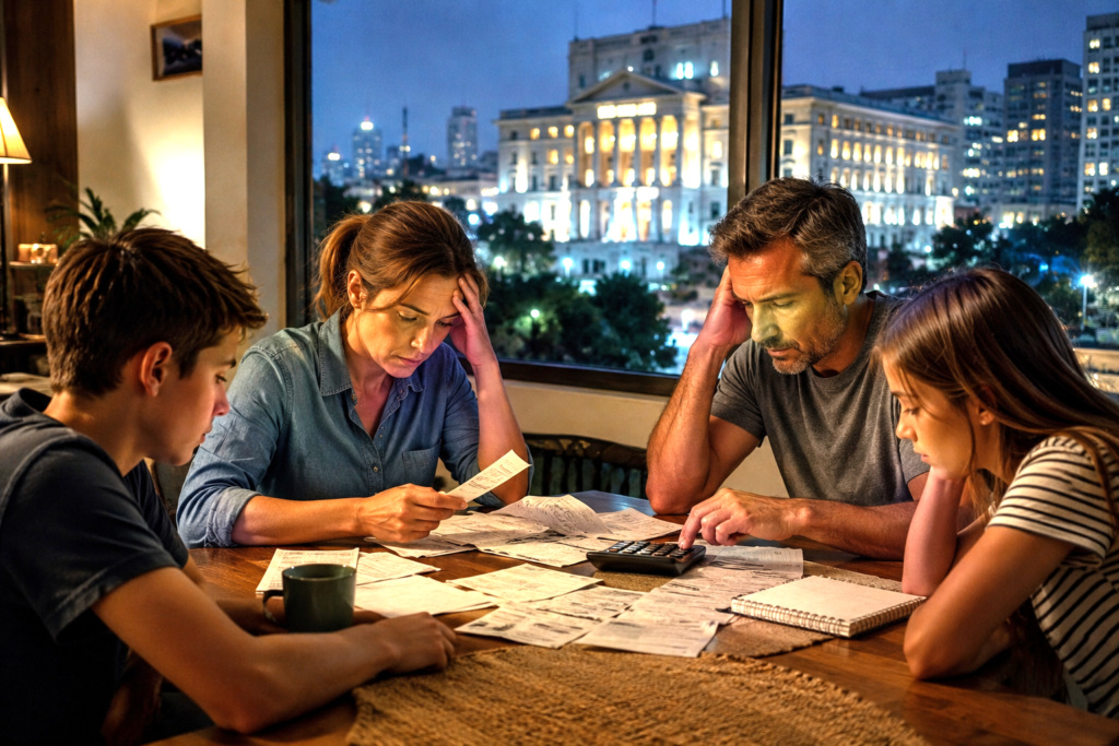 Family managing household expenses under the burden of expanding public spending