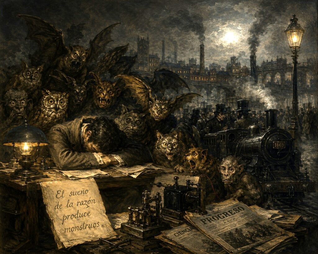 Allegorical editorial artwork depicting the unintended consequences of scientific progress during the Industrial Revolution.