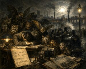 Allegorical editorial artwork depicting the unintended consequences of scientific progress during the Industrial Revolution.