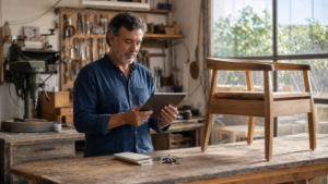 ruguayan entrepreneur reviewing financial information in his own workshop.