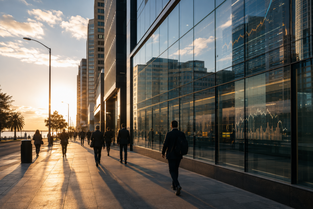 Financial district representing the relationship between pension savings and public financing in Uruguay.