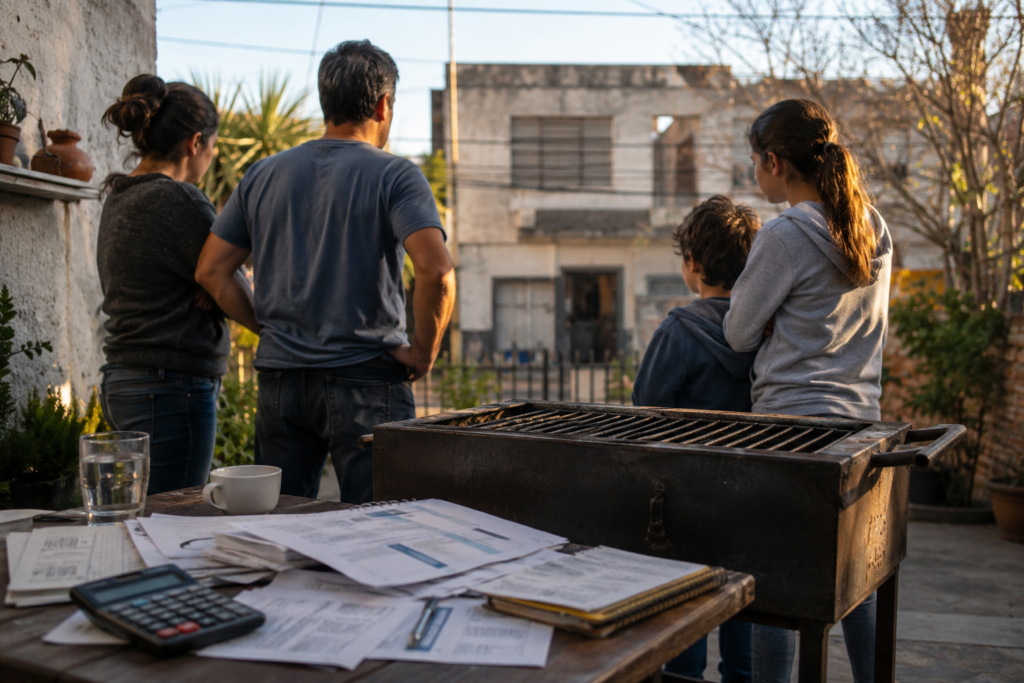 Family preparing a barbecue with an unlit grill symbolizing chronic fiscal deficits.