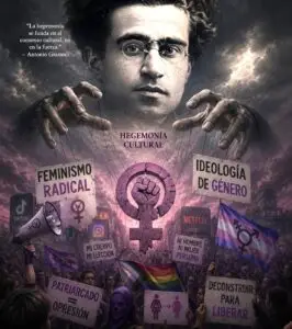 Antonio Gramsci above a contemporary crowd symbolising cultural hegemony and ideological influence