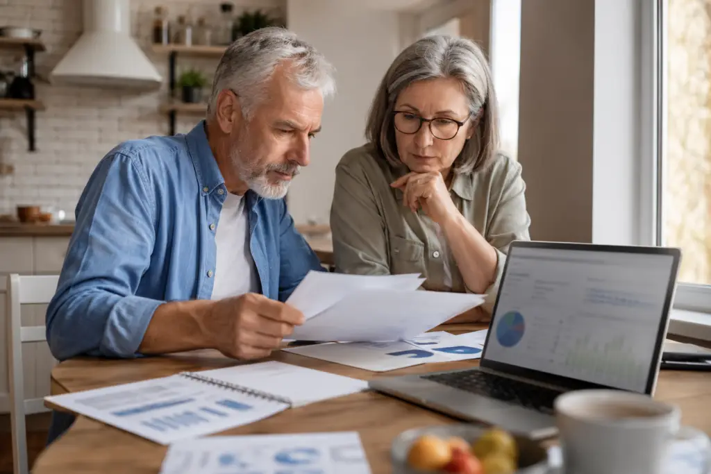 Retired couple reviewing their personal retirement savings at home.