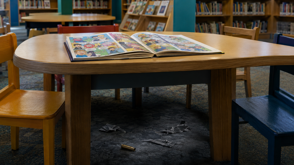 Children’s comic book in a library with a concealed cartridge beneath the table.
