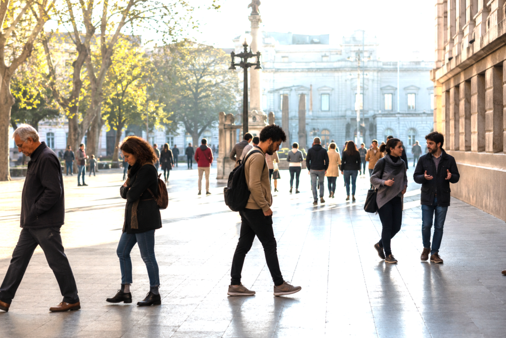 People crossing an open civic square, symbolizing freedom of conscience and diverse spiritual paths.