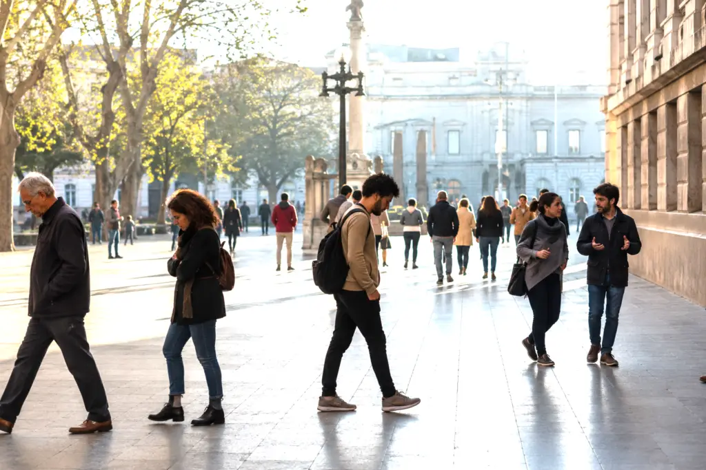 People crossing an open civic square, symbolizing freedom of conscience and diverse spiritual paths.