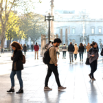 People crossing an open civic square, symbolizing freedom of conscience and diverse spiritual paths.