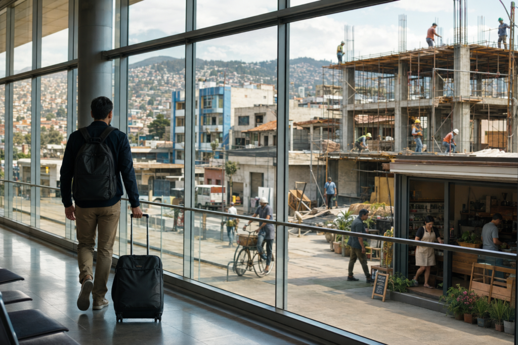 Young professional departing through an airport as economic activity continues in the background.