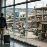 Young professional departing through an airport as economic activity continues in the background.