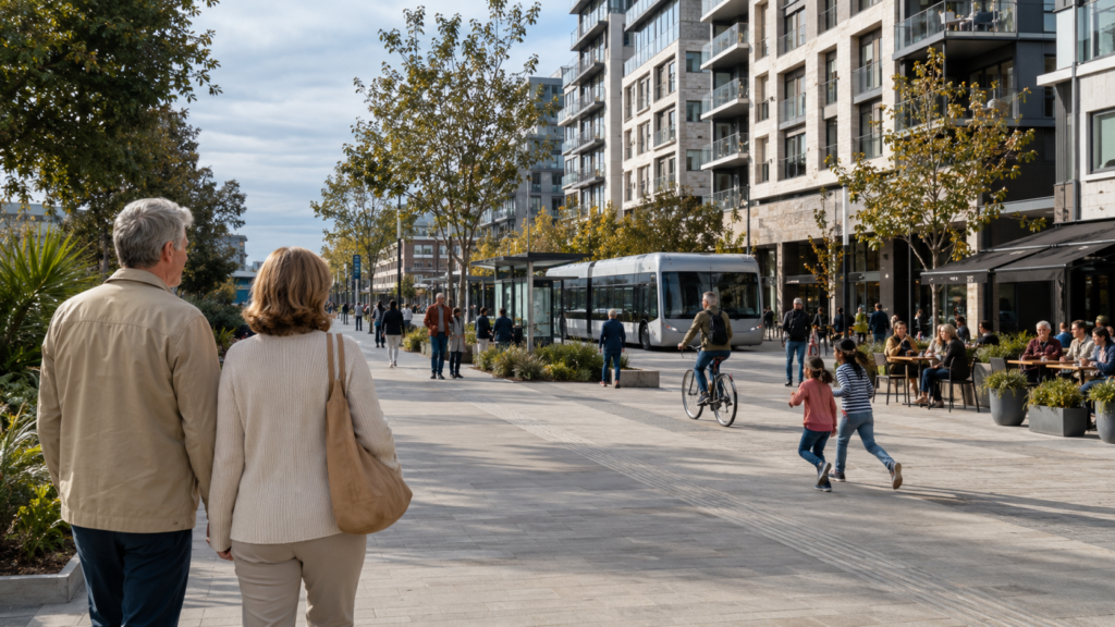 Mature couple walking through a prosperous and well-maintained urban district.