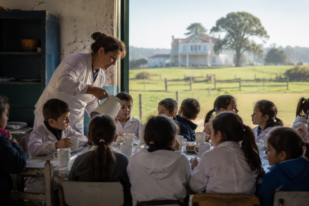 Children receiving breakfast at a public school while a large rural estate appears in the background, symbolizing conflicting public spending priorities.