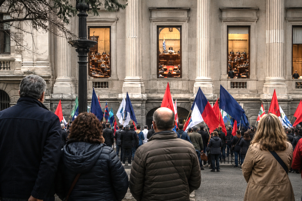 Citizens observing a parliament building surrounded by organized protesters during a political demonstration.