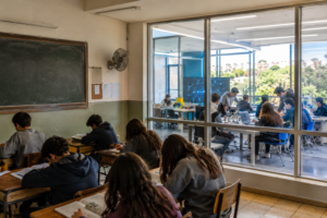Traditional classroom contrasted with a modern innovation learning environment.