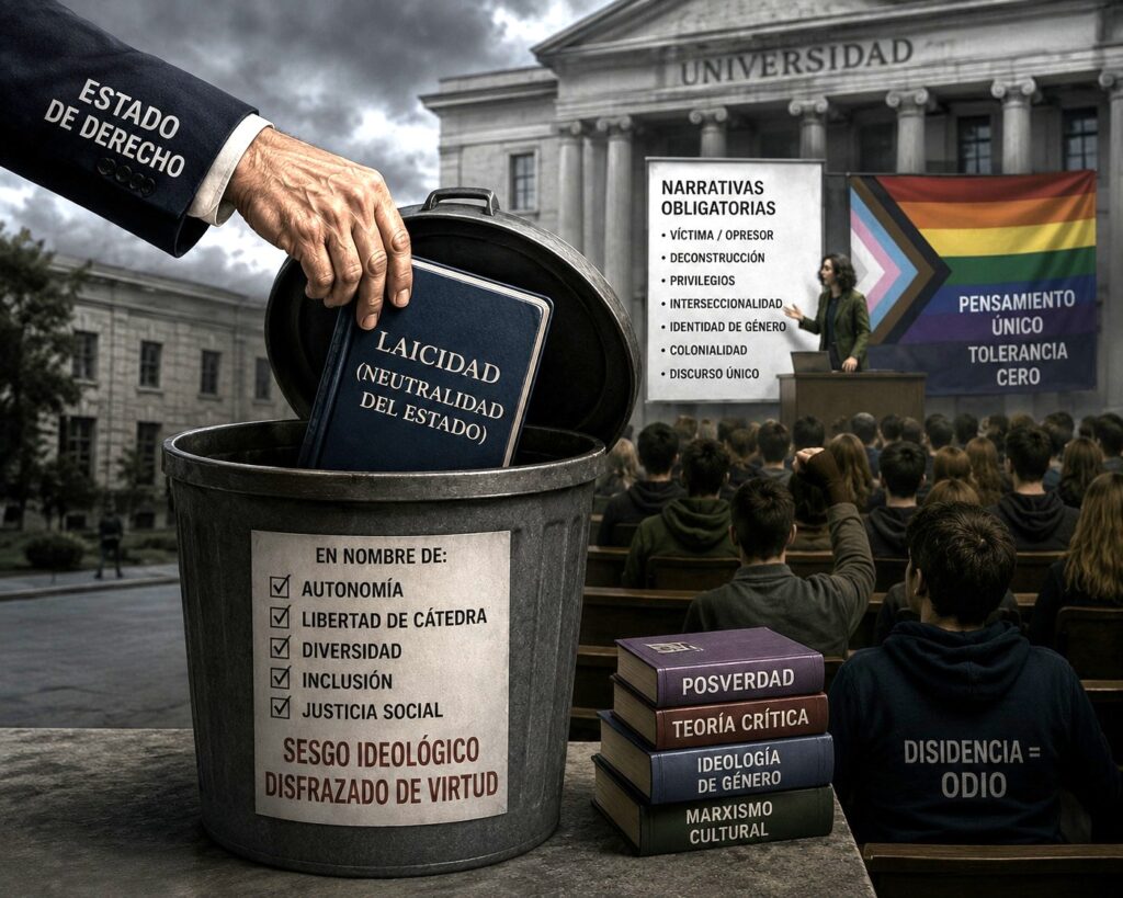 Symbolic depiction of ideological conflict and the debate over state neutrality in a university setting.