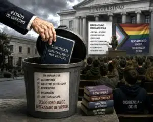 Symbolic depiction of ideological conflict and the debate over state neutrality in a university setting.