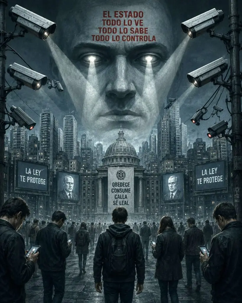 Dystopian city under mass surveillance, with security cameras, an enormous anonymous face, a government building and citizens using mobile phones.