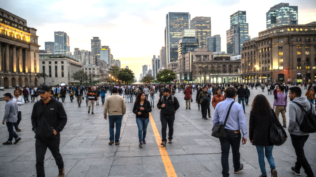 Citizens crossing a symbolic political divide in a public square beneath a unified center of power.