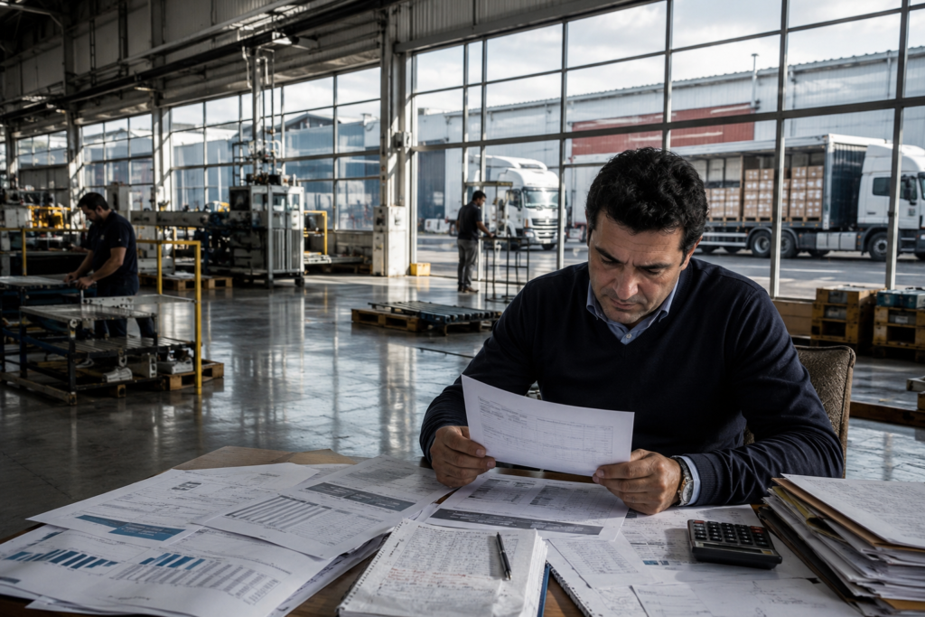 Uruguayan factory operating below capacity while a business owner reviews tax documents.