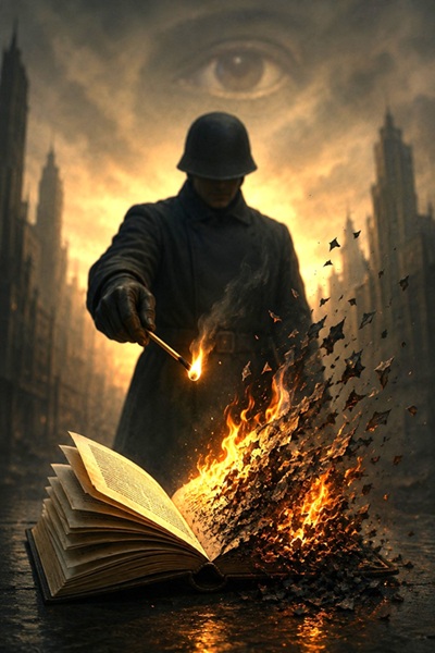 A dark soldier-like figure burns an open book in a dystopian city as its pages disintegrate into flames and ash.