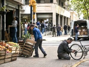Citizens and independent workers in Montevideo facing the contrast between economic activity and growing bureaucratic control.