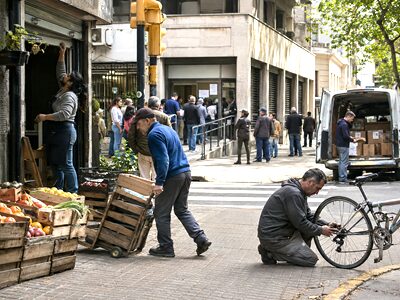 Citizens and independent workers in Montevideo facing the contrast between economic activity and growing bureaucratic control.