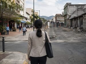 Anonymous professional at a crossroads between an open urban street and a restricted, deteriorated environment.