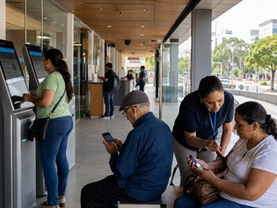 Citizens using digital public services in a modern civic environment representing Estonia–El Salvador technological cooperation.